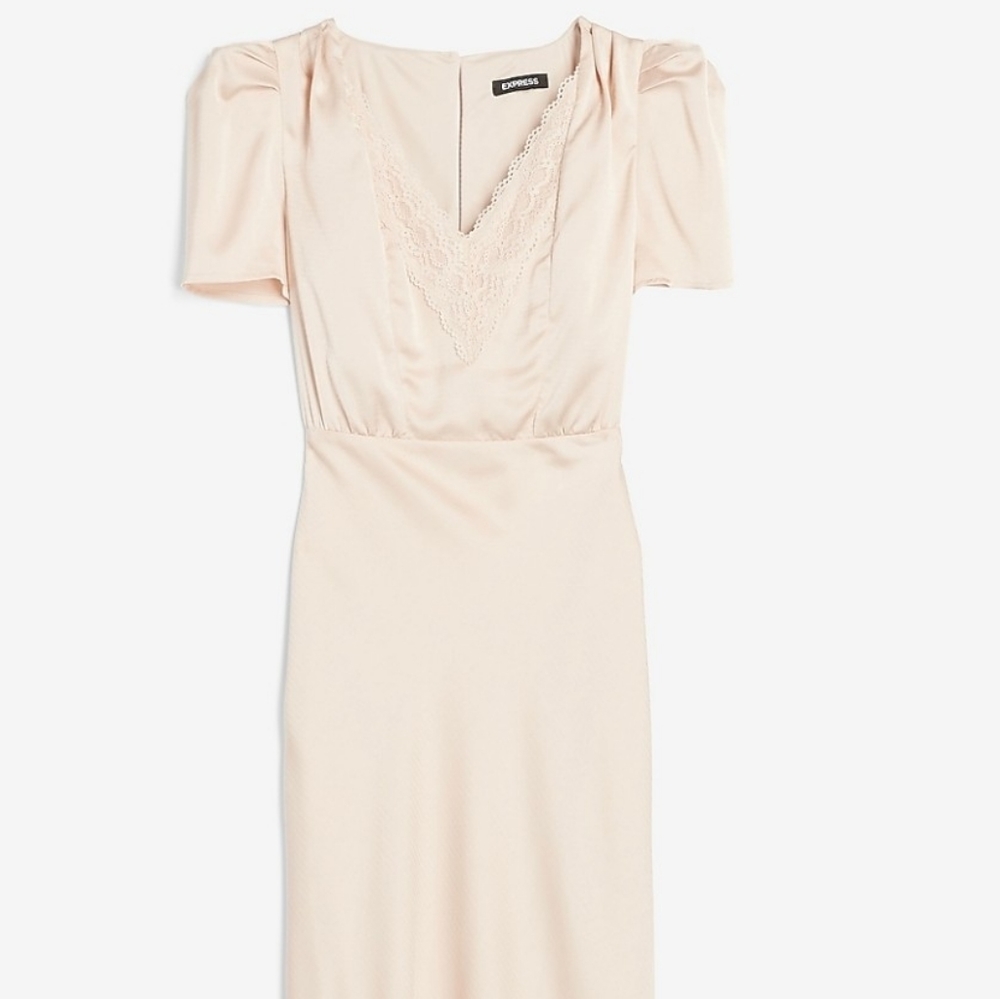 Express Satin Lace Trim Puff Sleeve Dress.